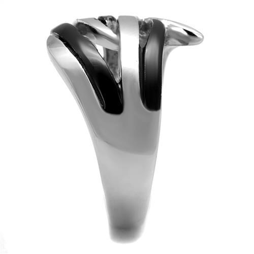 Women Stainless Steel No Stone Ring with two-tone black ion plating, showcasing a sleek and modern design.