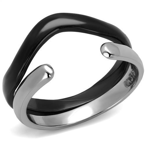 A stylish two-tone stainless steel ring for women, featuring a sleek black ion plating and a minimalist design without any stones.