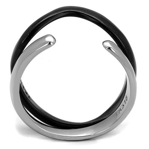 A stylish two-tone stainless steel ring for women, featuring a sleek black ion plating and a minimalist design without any stones.