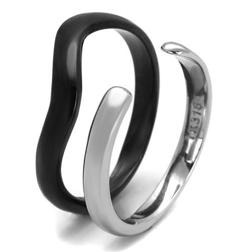 A stylish two-tone stainless steel ring for women, featuring a sleek black ion plating and a minimalist design without any stones.