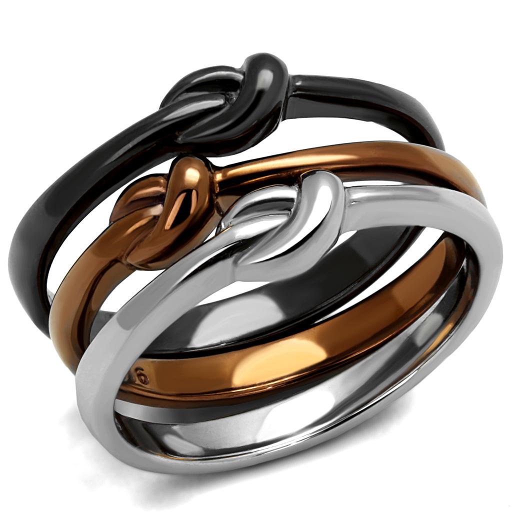 Elegant Women Stainless Steel No Stone Ring with three-tone design in IP Light Coffee, IP Light Black, and high-polished finish.