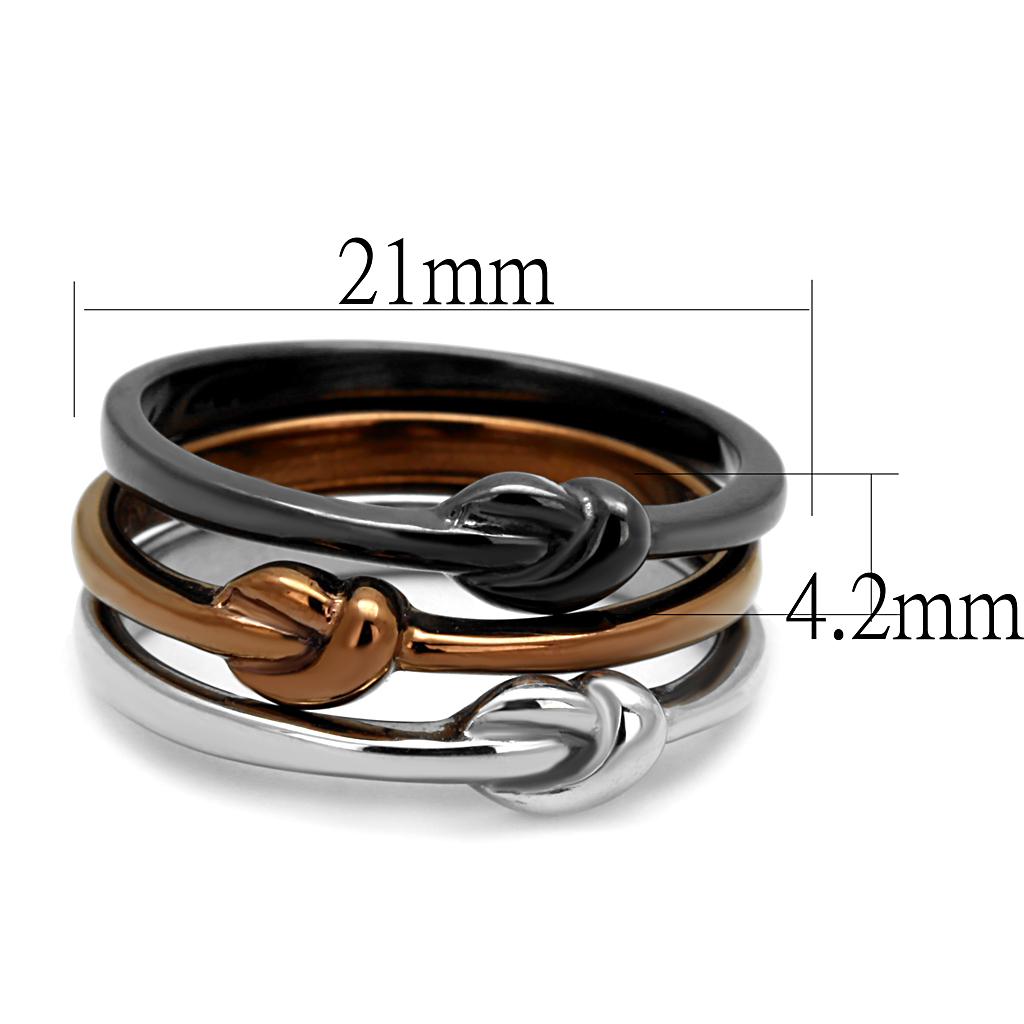 Elegant Women Stainless Steel No Stone Ring with three-tone design in IP Light Coffee, IP Light Black, and high-polished finish.