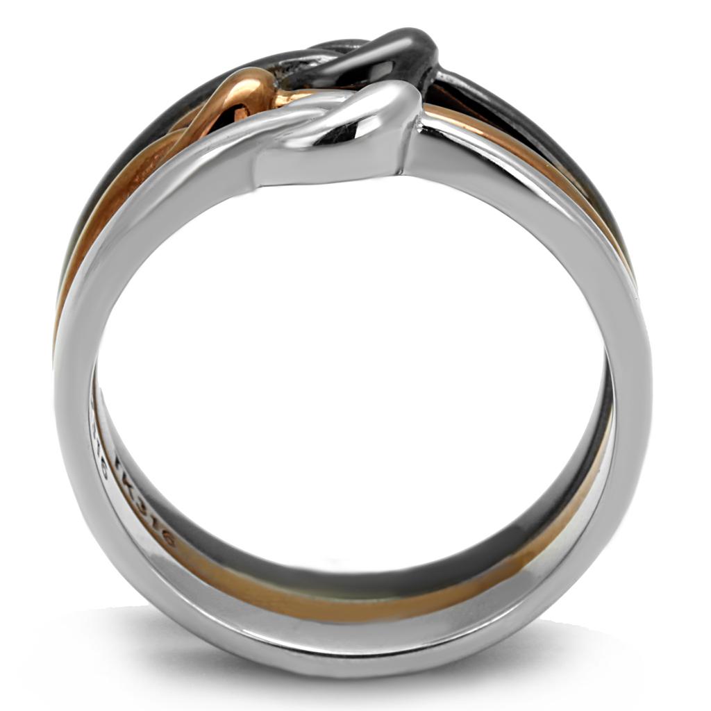 Elegant Women Stainless Steel No Stone Ring with three-tone design in IP Light Coffee, IP Light Black, and high-polished finish.