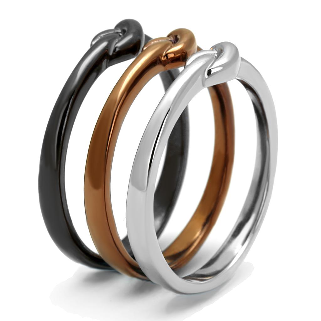 Elegant Women Stainless Steel No Stone Ring with three-tone design in IP Light Coffee, IP Light Black, and high-polished finish.