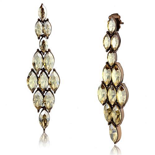 Elegant women stainless steel earrings with champagne synthetic crystals, showcasing a stylish IP coffee light finish.