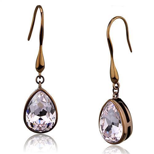 Elegant Women Stainless Steel Earrings with Light Peach Synthetic Crystals in Pear Shape.