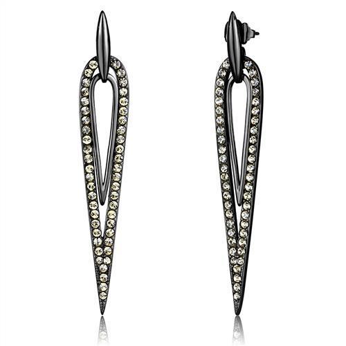 Elegant Women Stainless Steel Earrings with Smoky Topaz Crystals in IP Light Black Finish.