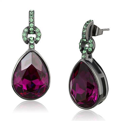 Elegant women stainless steel earrings with fuchsia synthetic crystals in pear shape and light black IP finish.