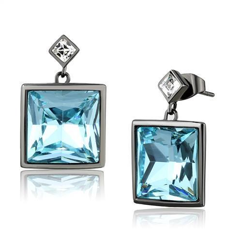 Elegant Women Stainless Steel Earrings with Sea Blue Synthetic Crystals in a square design.