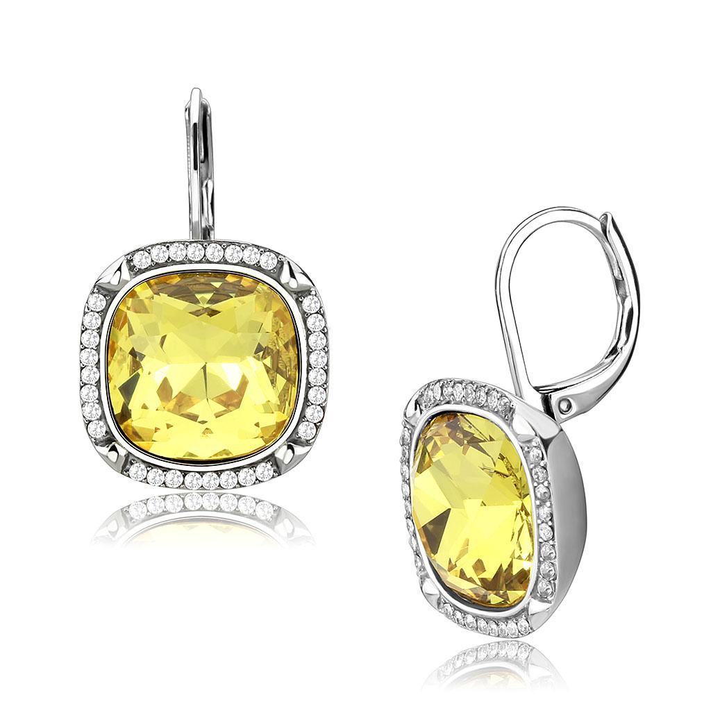 Elegant women stainless steel earrings featuring synthetic topaz crystals, showcasing a high-polished finish.