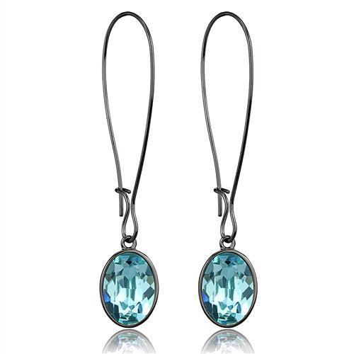 Elegant women stainless steel earrings with sea blue synthetic crystals and IP light black finish.