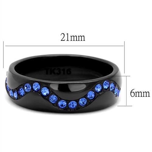 A stylish women's stainless steel ring with synthetic sapphire crystal, featuring a sleek IP black ion plating finish.