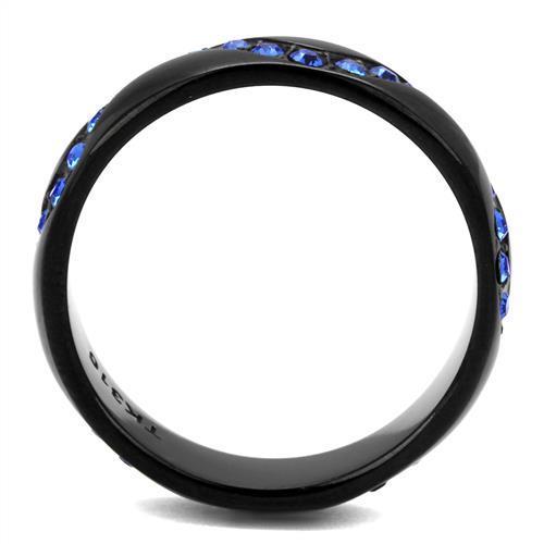 A stylish women's stainless steel ring with synthetic sapphire crystal, featuring a sleek IP black ion plating finish.