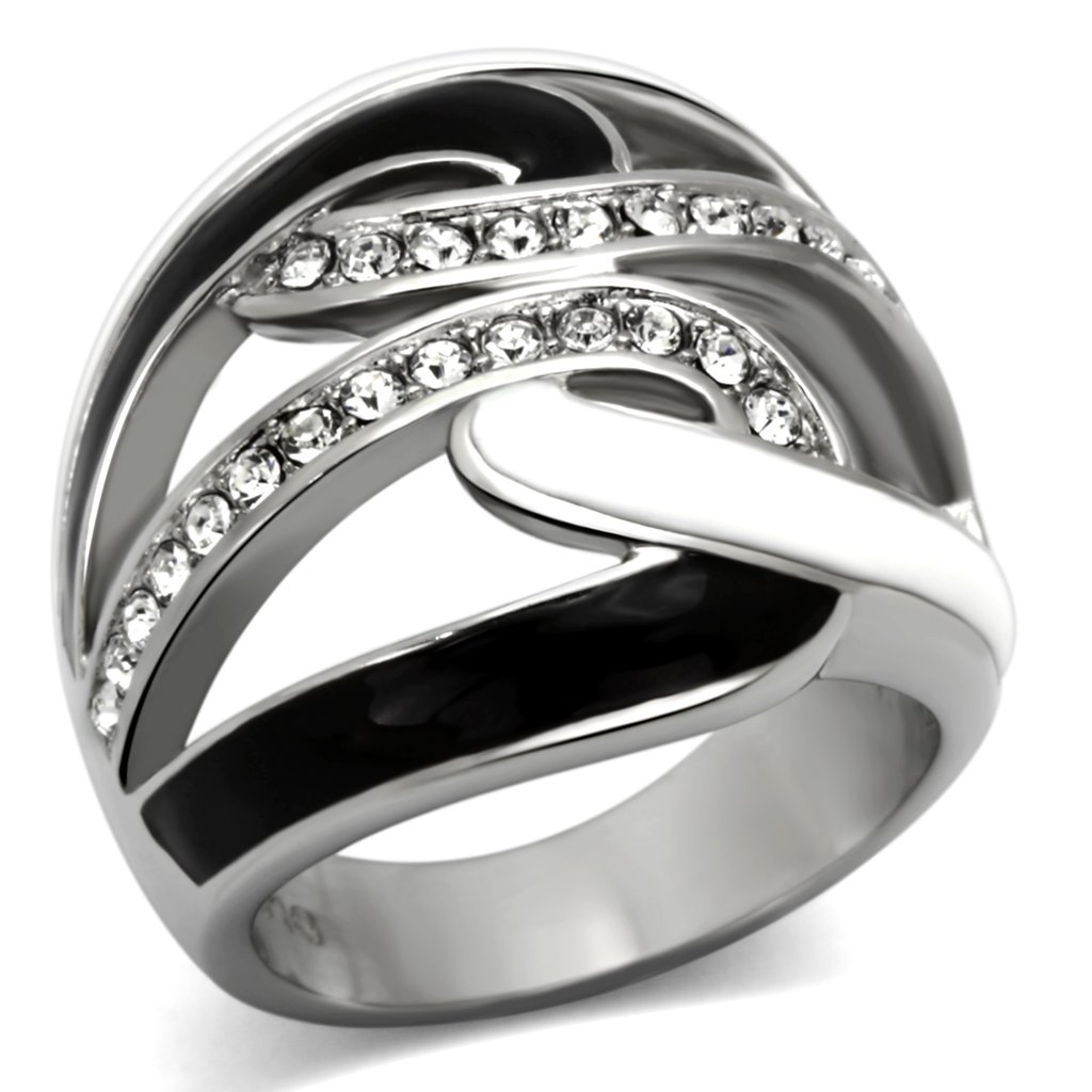 Elegant women’s stainless steel ring featuring a clear synthetic crystal, showcasing a high polished finish.