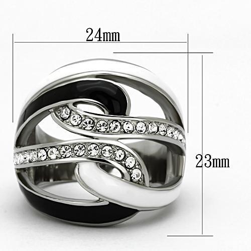 Elegant women’s stainless steel ring featuring a clear synthetic crystal, showcasing a high polished finish.