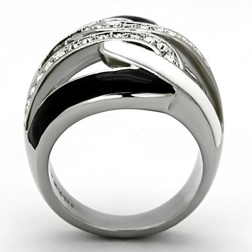 Elegant women’s stainless steel ring featuring a clear synthetic crystal, showcasing a high polished finish.