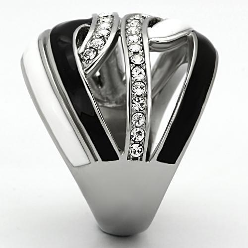 Elegant women’s stainless steel ring featuring a clear synthetic crystal, showcasing a high polished finish.