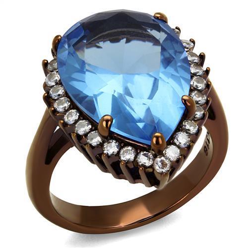 Elegant women’s stainless steel ring with synthetic crystals in light sapphire and pear shape design.