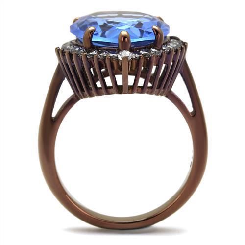 Elegant women’s stainless steel ring with synthetic crystals in light sapphire and pear shape design.