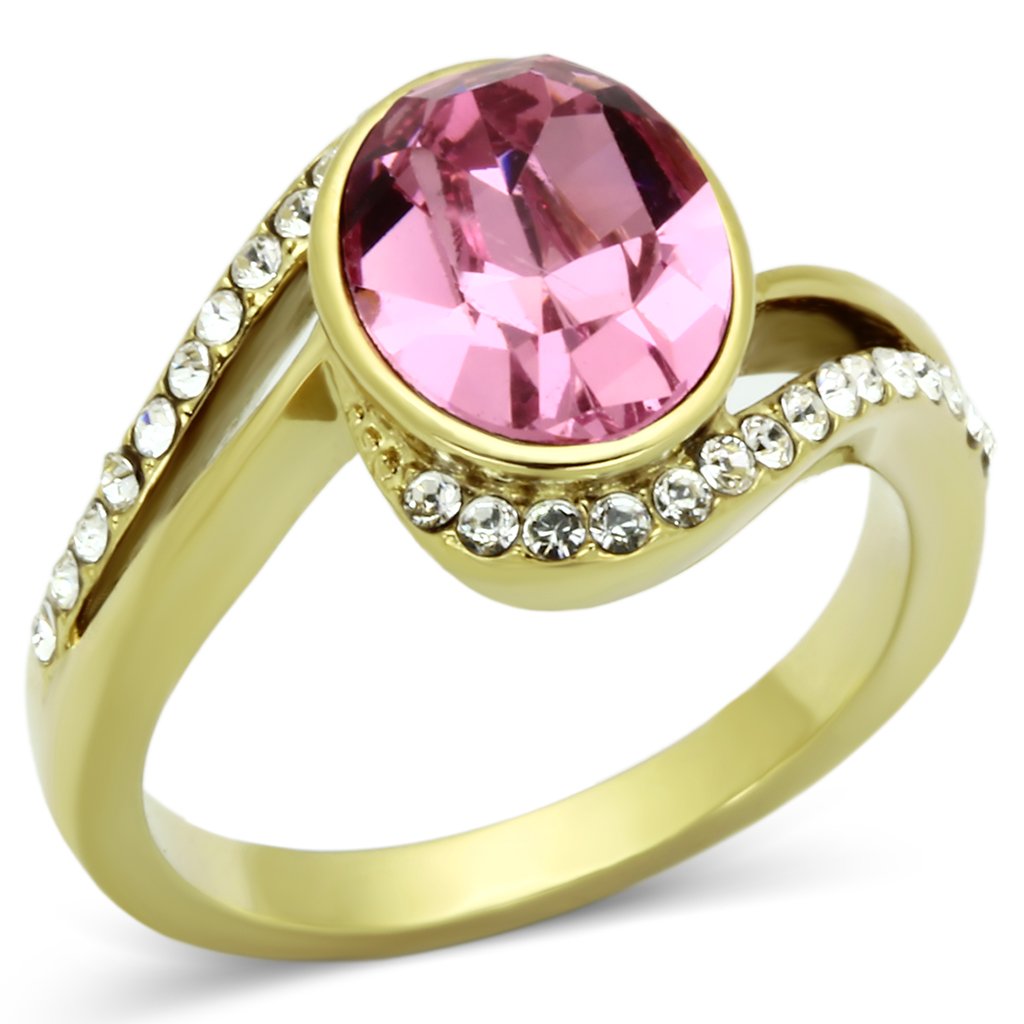 A beautiful women's stainless steel ring with synthetic crystals and IP gold plating, featuring an elegant rose design.