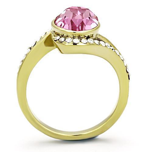 A beautiful women's stainless steel ring with synthetic crystals and IP gold plating, featuring an elegant rose design.