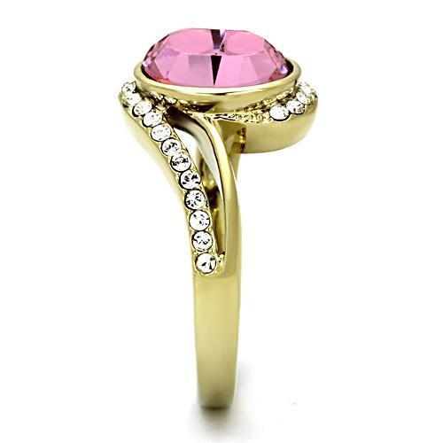 A beautiful women's stainless steel ring with synthetic crystals and IP gold plating, featuring an elegant rose design.