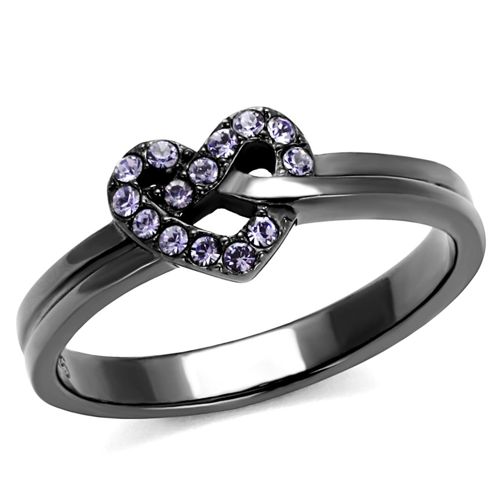 A stylish women's stainless steel ring featuring a light amethyst synthetic crystal, showcasing a modern IP light black finish.