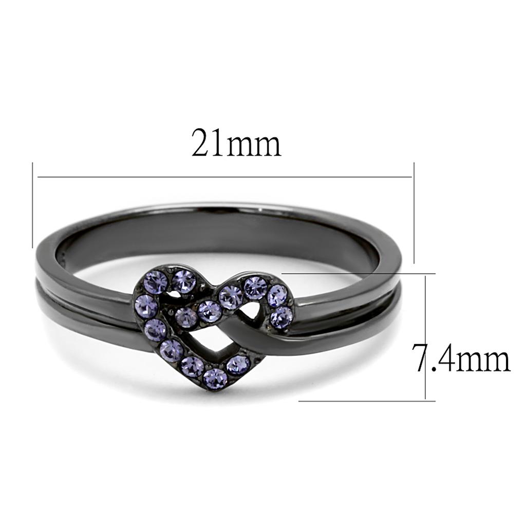 A stylish women's stainless steel ring featuring a light amethyst synthetic crystal, showcasing a modern IP light black finish.