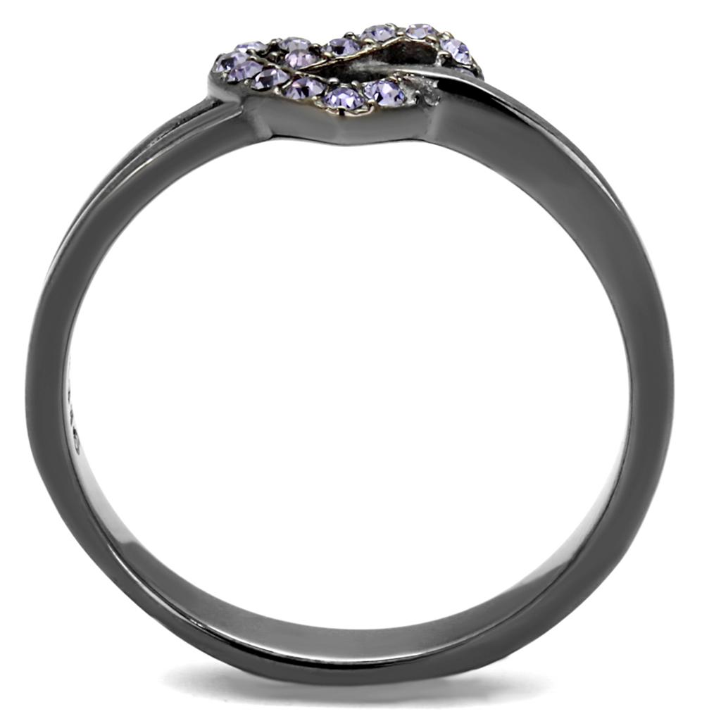 A stylish women's stainless steel ring featuring a light amethyst synthetic crystal, showcasing a modern IP light black finish.