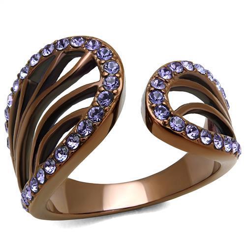 Elegant women stainless steel ring featuring synthetic crystal in tanzanite color with IP coffee light finish.