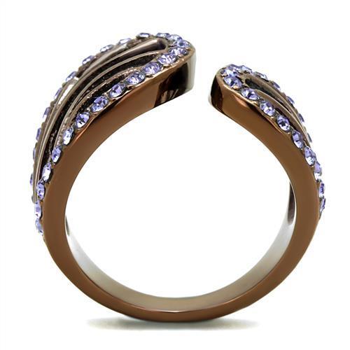 Elegant women stainless steel ring featuring synthetic crystal in tanzanite color with IP coffee light finish.