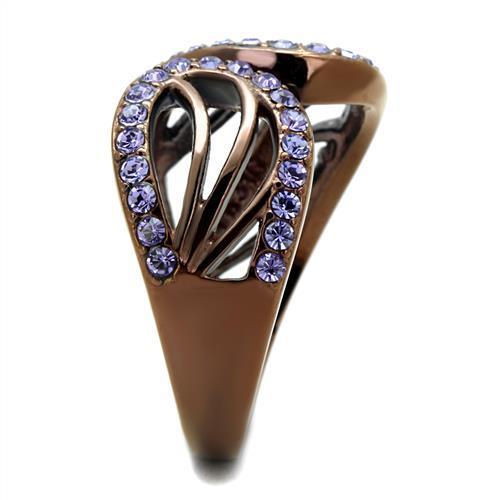 Elegant women stainless steel ring featuring synthetic crystal in tanzanite color with IP coffee light finish.