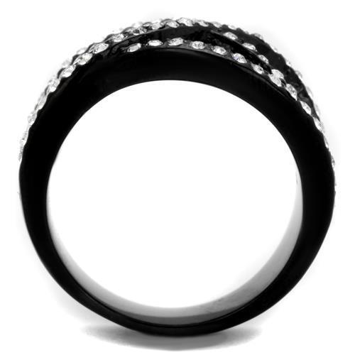 A stylish women's stainless steel ring with IP Black plating and Montana synthetic crystals, showcasing elegance and durability.