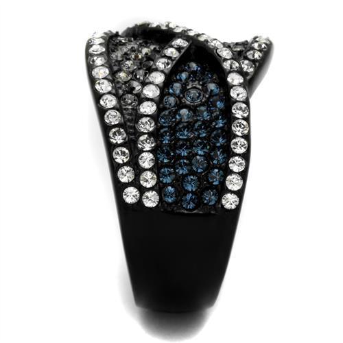 A stylish women's stainless steel ring with IP Black plating and Montana synthetic crystals, showcasing elegance and durability.