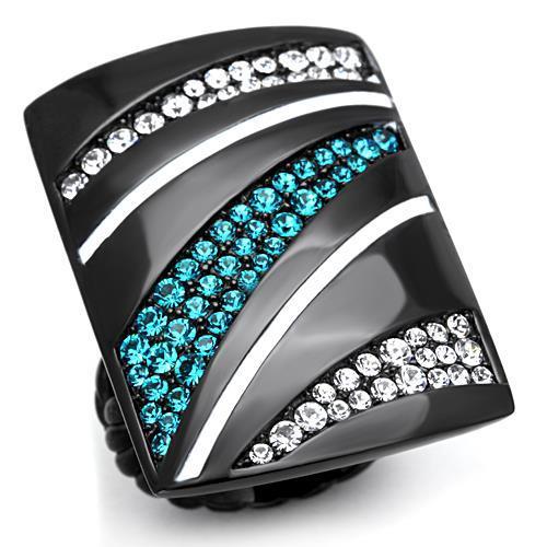 A stylish women's stainless steel ring featuring synthetic blue zircon stones and a sleek IP black ion plating finish.