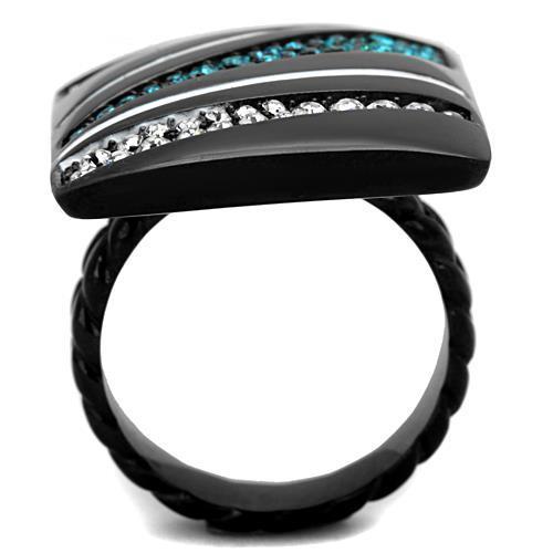 A stylish women's stainless steel ring featuring synthetic blue zircon stones and a sleek IP black ion plating finish.