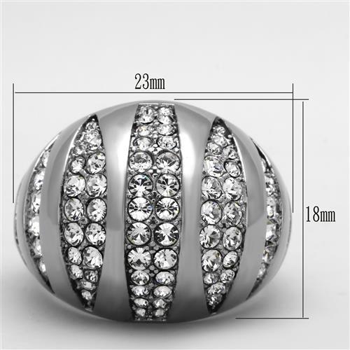 A stylish women's stainless steel ring featuring clear synthetic crystals, showcasing a high-polished finish.