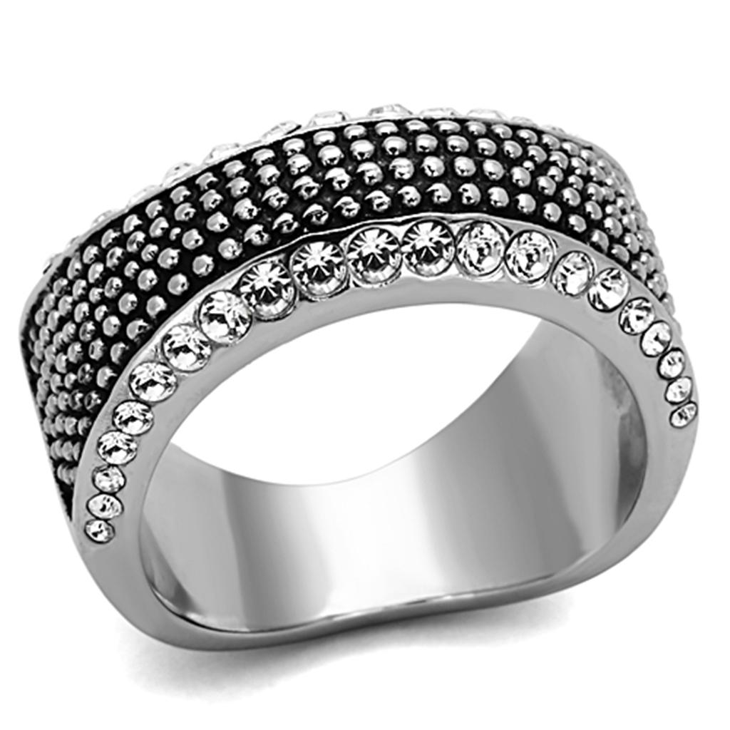 Elegant women's stainless steel ring featuring a clear synthetic crystal, showcasing a high polished finish.