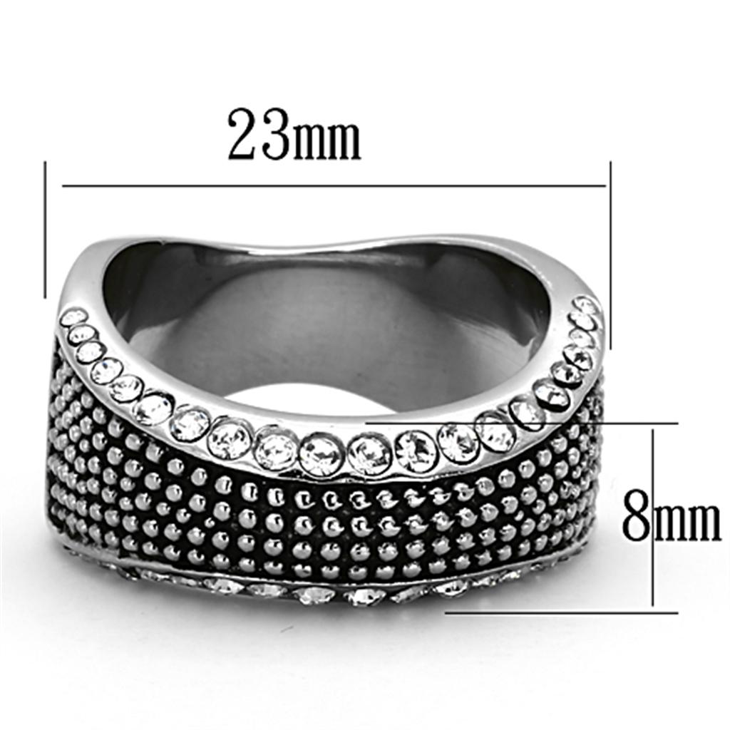 Elegant women's stainless steel ring featuring a clear synthetic crystal, showcasing a high polished finish.