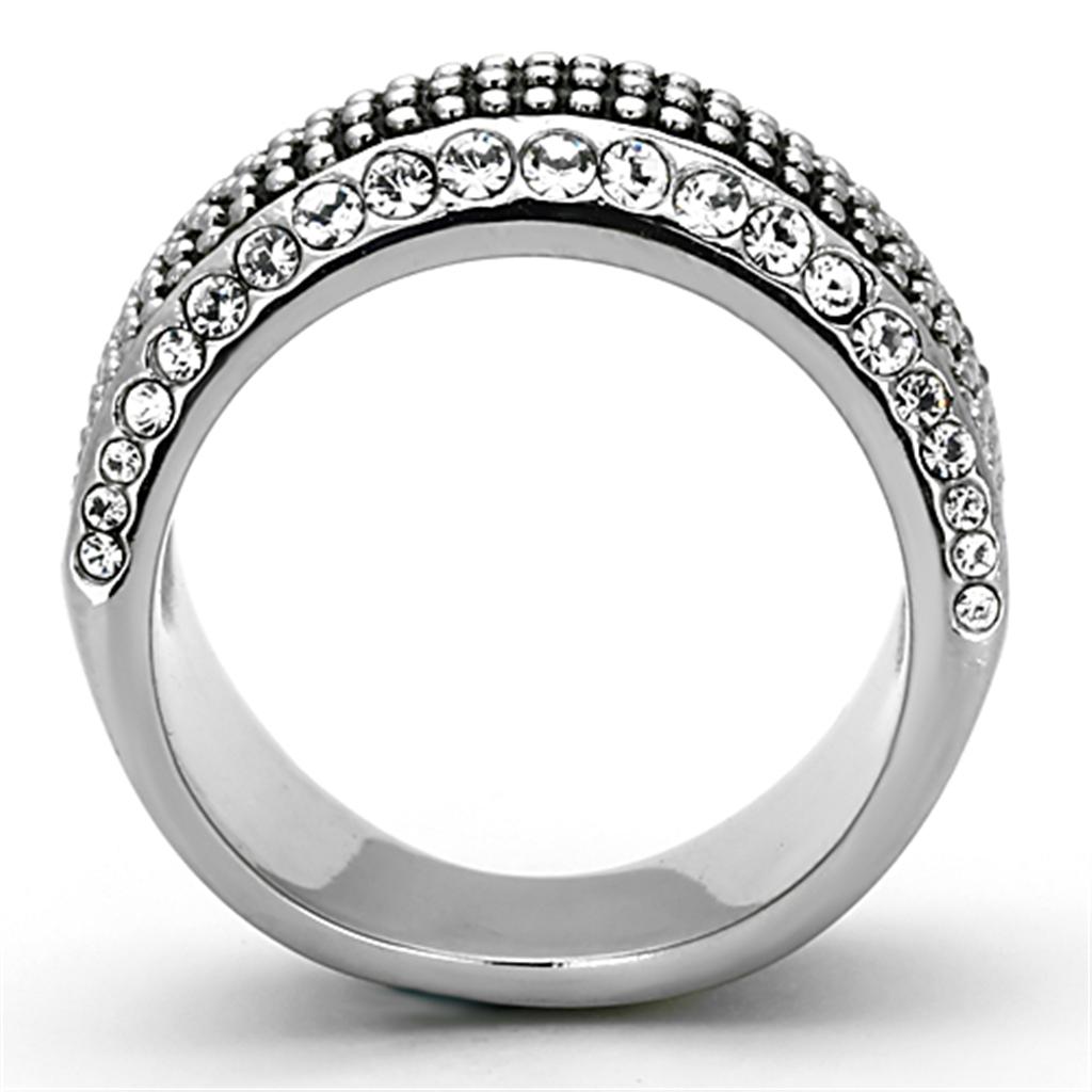 Elegant women's stainless steel ring featuring a clear synthetic crystal, showcasing a high polished finish.