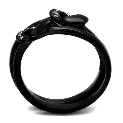 A stylish women's stainless steel ring featuring a clear synthetic crystal, finished with IP black ion plating for a modern look.