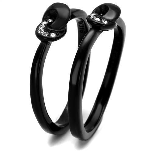 A stylish women's stainless steel ring featuring a clear synthetic crystal, finished with IP black ion plating for a modern look.