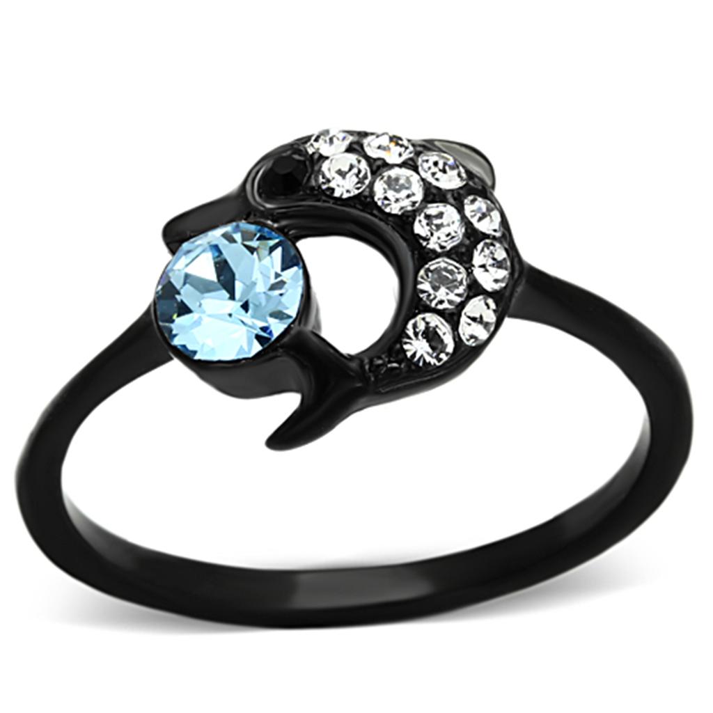 A stylish women's stainless steel ring featuring a sea blue synthetic crystal and IP black ion plating, showcasing elegance and durability.