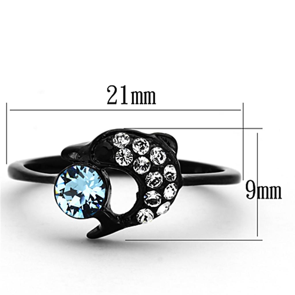 A stylish women's stainless steel ring featuring a sea blue synthetic crystal and IP black ion plating, showcasing elegance and durability.