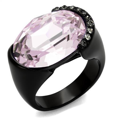 A stylish women's stainless steel ring featuring a light amethyst synthetic crystal and IP black ion plating, perfect for elegant occasions.