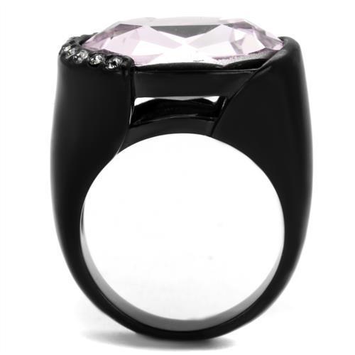 A stylish women's stainless steel ring featuring a light amethyst synthetic crystal and IP black ion plating, perfect for elegant occasions.