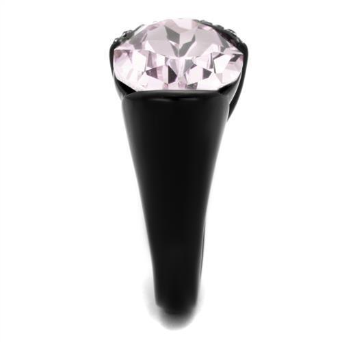 A stylish women's stainless steel ring featuring a light amethyst synthetic crystal and IP black ion plating, perfect for elegant occasions.