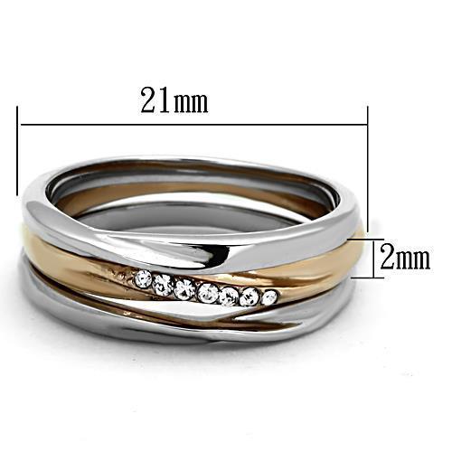 A stylish women's stainless steel ring featuring a two-tone IP rose gold finish and clear synthetic crystals, perfect for any occasion.