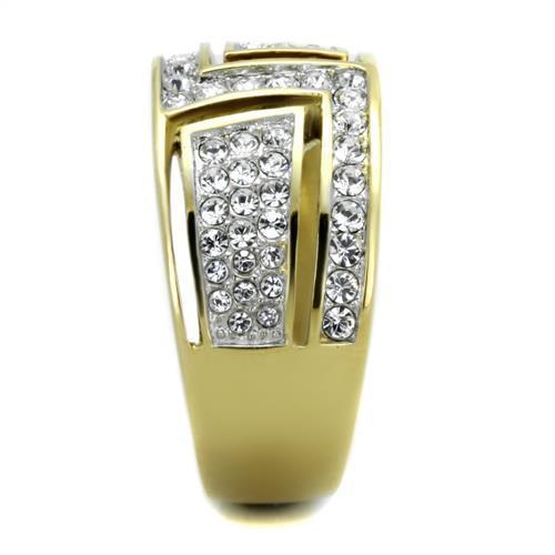 A beautiful two-tone stainless steel ring featuring a clear synthetic crystal, showcasing elegance and durability.