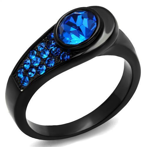 Elegant Women Stainless Steel Ring featuring a Capri Blue synthetic crystal with IP black ion plating.